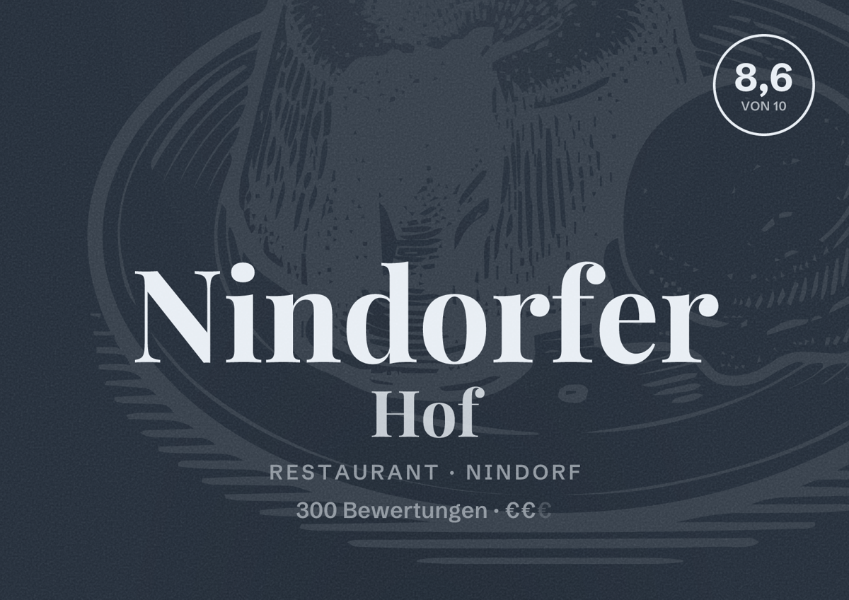 Illustriertes Poster von Nindorfer Hof, Restaurant in Nindorf: Bewertung 8,6 von 10 aus 300 Bewertungen, Preisniveau €€