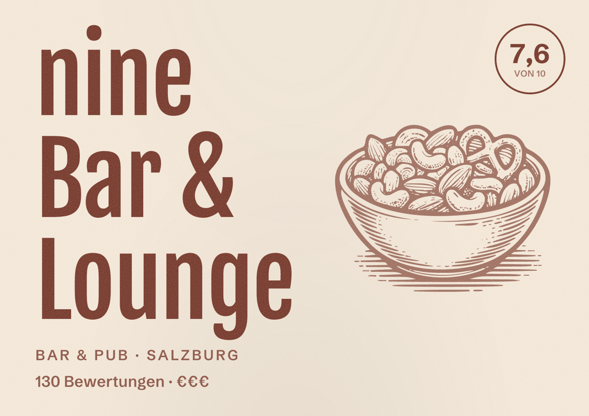 Illustriertes Poster von nine Bar & Lounge, Bar & Pub in Salzburg: Bewertung 7,6 von 10 aus 130 Bewertungen, Preisniveau €€€