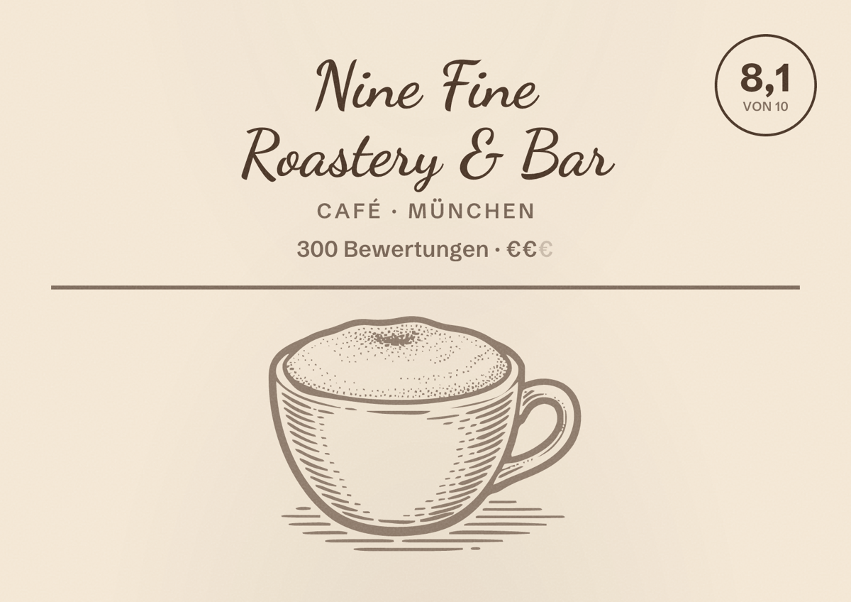 Illustriertes Poster von Nine Fine Roastery & Bar, Café in München: Bewertung 8,1 von 10 aus 300 Bewertungen, Preisniveau €€