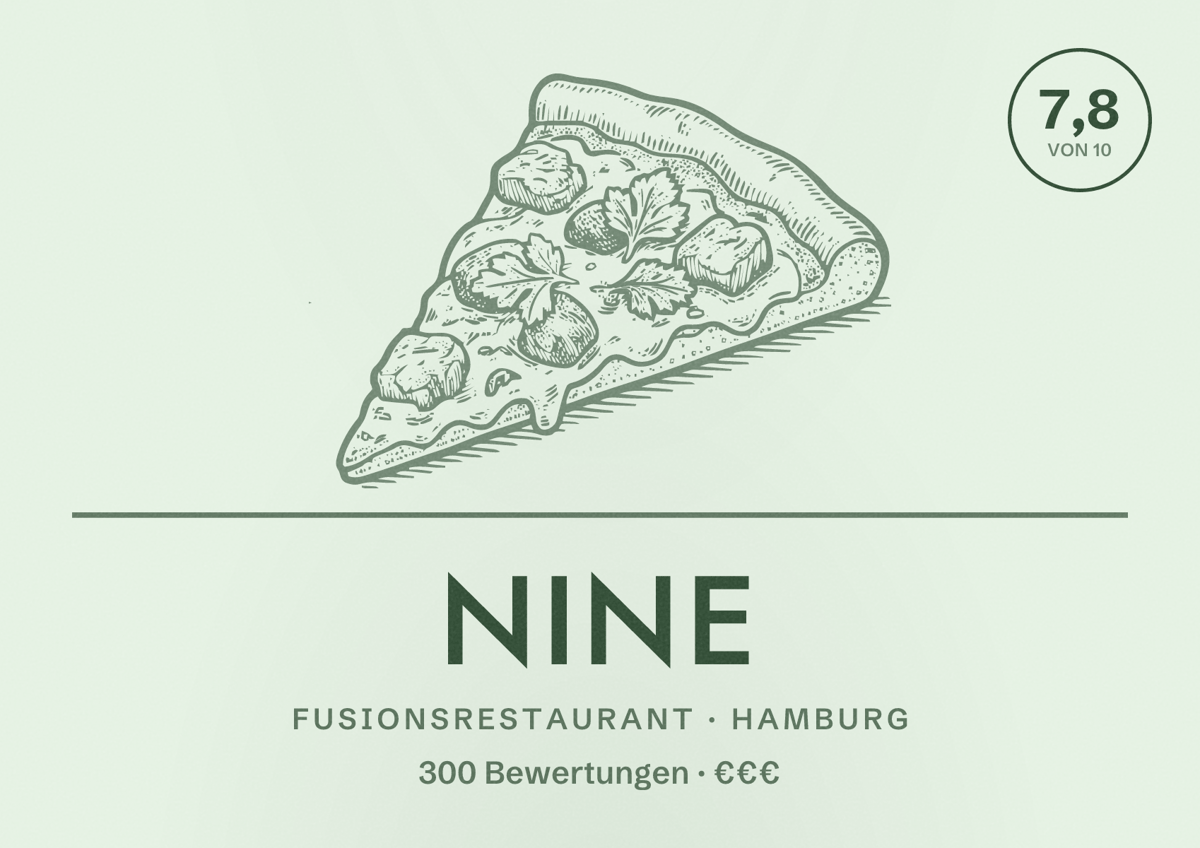Illustriertes Poster von NINE, Fusionsrestaurant in Hamburg: Bewertung 7,8 von 10 aus 300 Bewertungen, Preisniveau €€€
