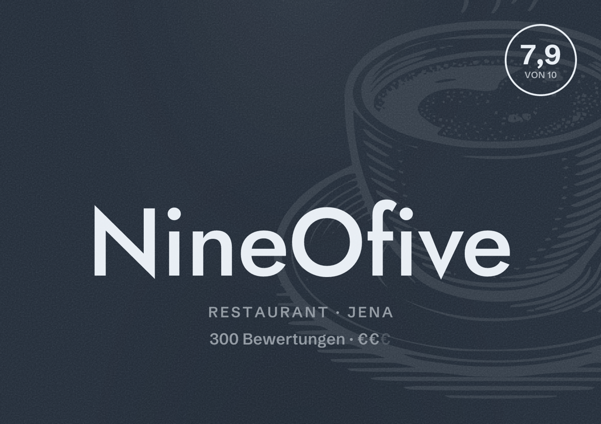 Illustriertes Poster von NineOfive, Restaurant in Jena: Bewertung 7,9 von 10 aus 300 Bewertungen, Preisniveau €€
