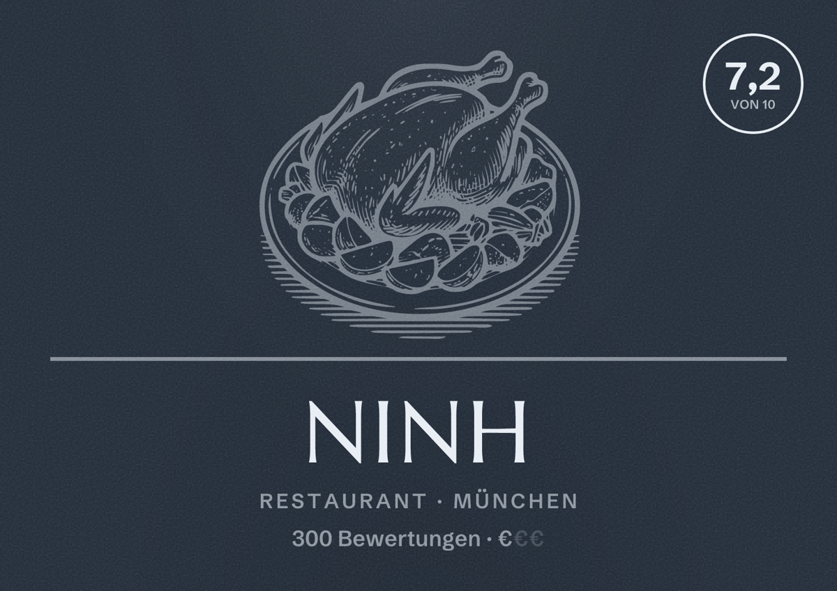 Illustriertes Poster von Ninh, Restaurant in München: Bewertung 7,2 von 10 aus 300 Bewertungen, Preisniveau €