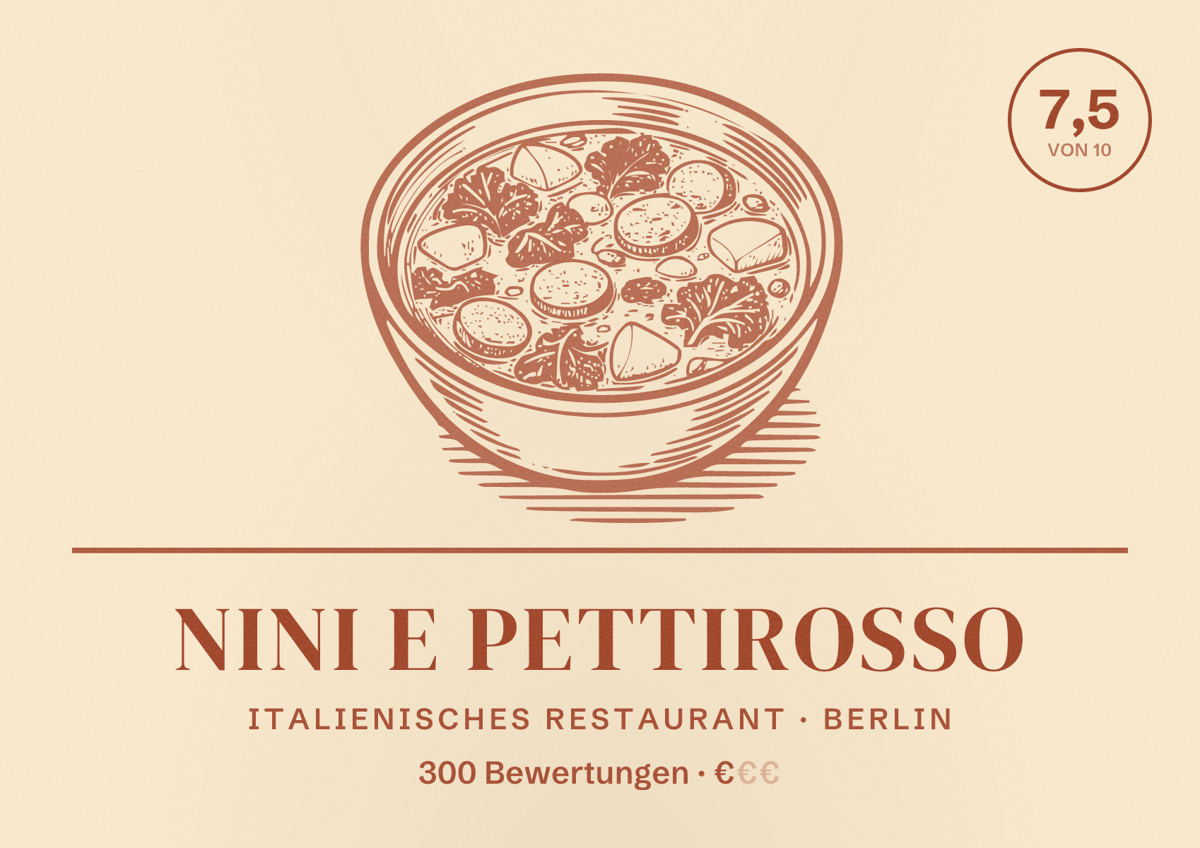 Illustriertes Poster von Nini e Pettirosso, Italienisches Restaurant in Berlin: Bewertung 7,5 von 10 aus 300 Bewertungen, Preisniveau €