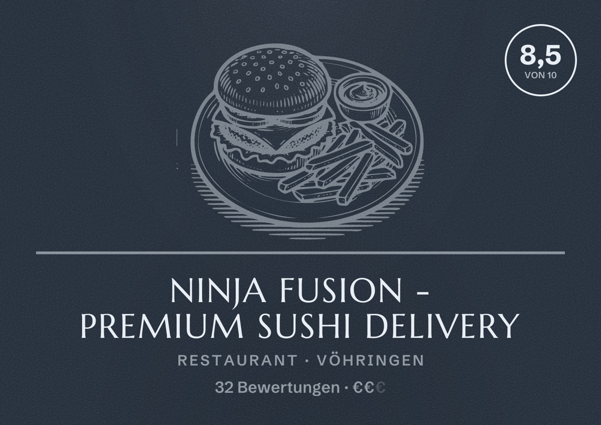 Illustriertes Poster von Ninja Fusion - Premium Sushi Delivery, Restaurant in Vöhringen: Bewertung 8,5 von 10 aus 32 Bewertungen, Preisniveau €€