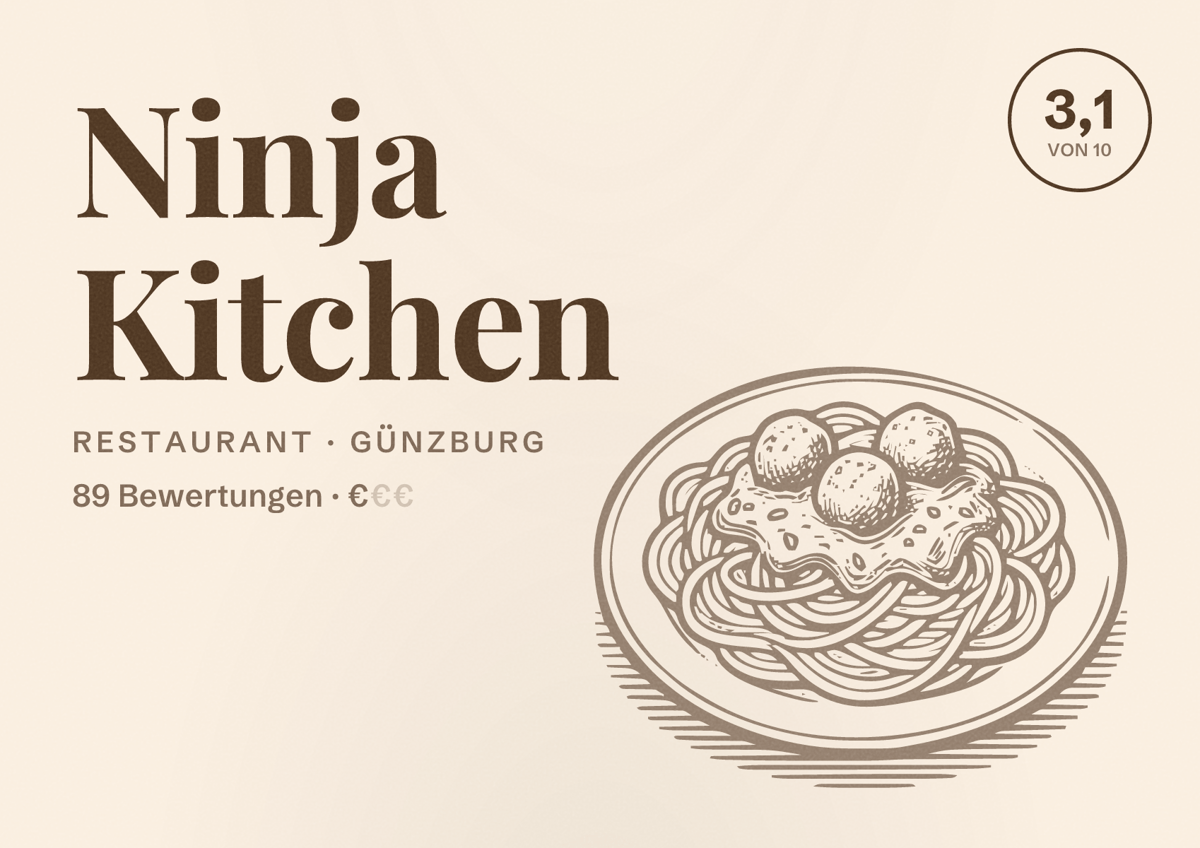 Illustriertes Poster von Ninja Kitchen, Restaurant in Günzburg: Bewertung 3,1 von 10 aus 89 Bewertungen, Preisniveau €
