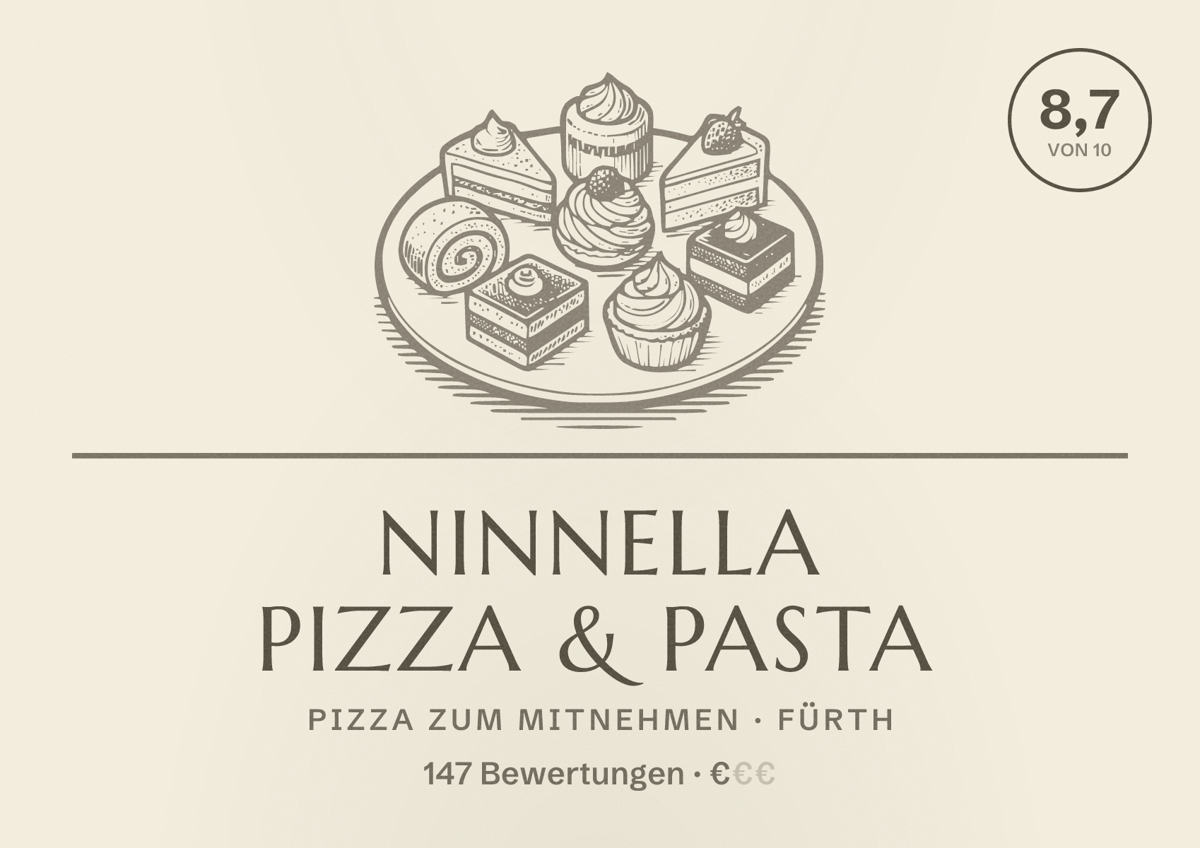 Illustriertes Poster von Ninnella Pizza & Pasta, Pizza zum Mitnehmen in Fürth: Bewertung 8,7 von 10 aus 147 Bewertungen, Preisniveau €