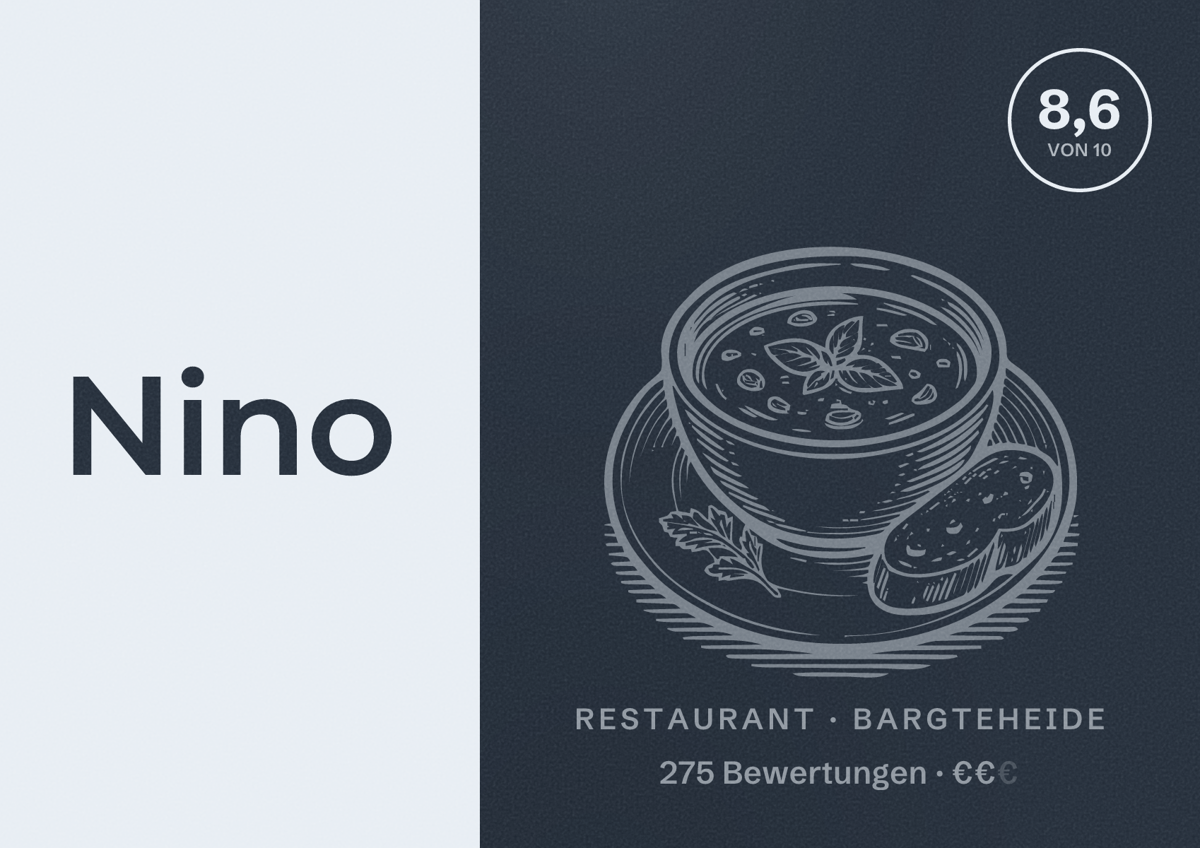 Illustriertes Poster von Nino, Restaurant in Bargteheide: Bewertung 8,6 von 10 aus 275 Bewertungen, Preisniveau €€