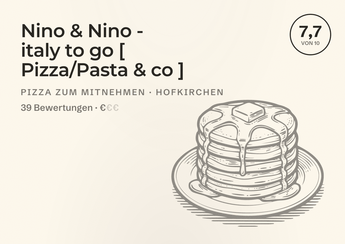 Illustriertes Poster von Nino & Nino - italy to go [ Pizza/Pasta & co ], Pizza zum Mitnehmen in Hofkirchen: Bewertung 7,7 von 10 aus 39 Bewertungen, Preisniveau €