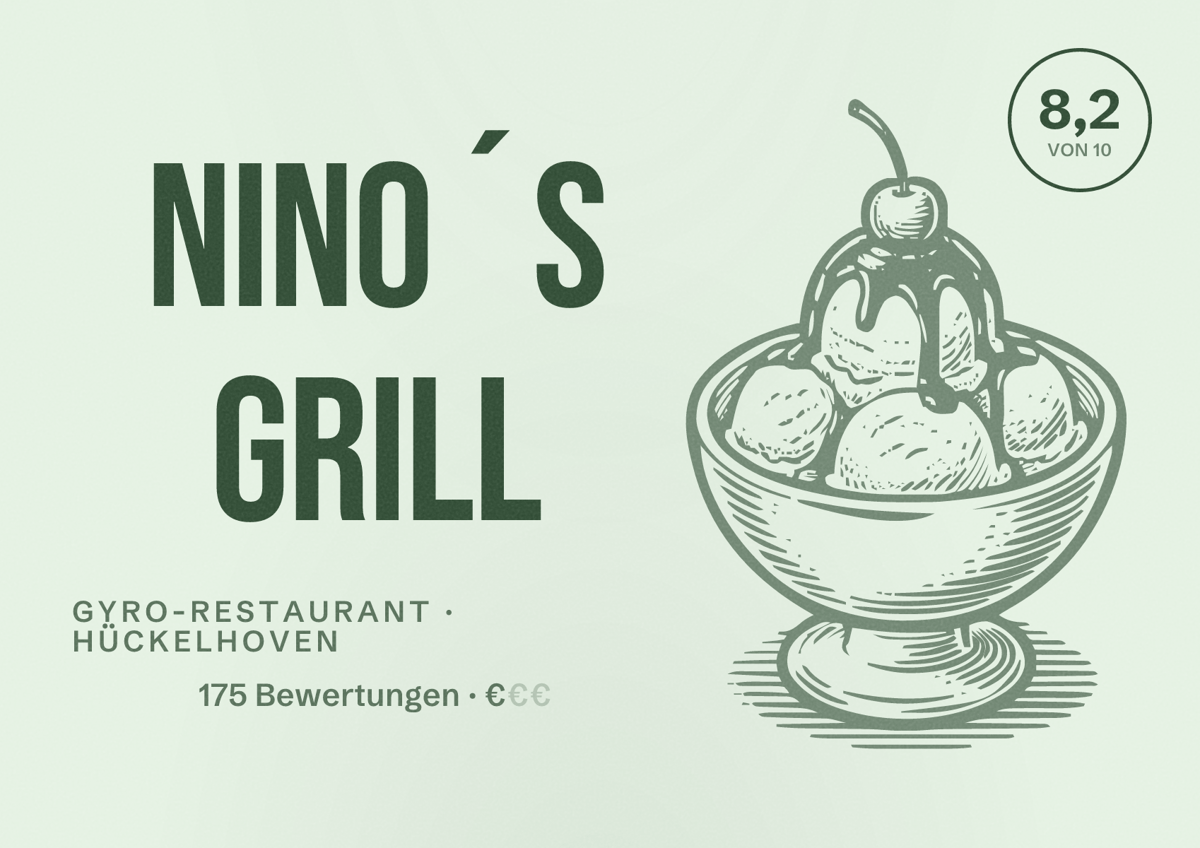Illustriertes Poster von Nino´s Grill, Gyro-Restaurant in Hückelhoven: Bewertung 8,2 von 10 aus 175 Bewertungen, Preisniveau €
