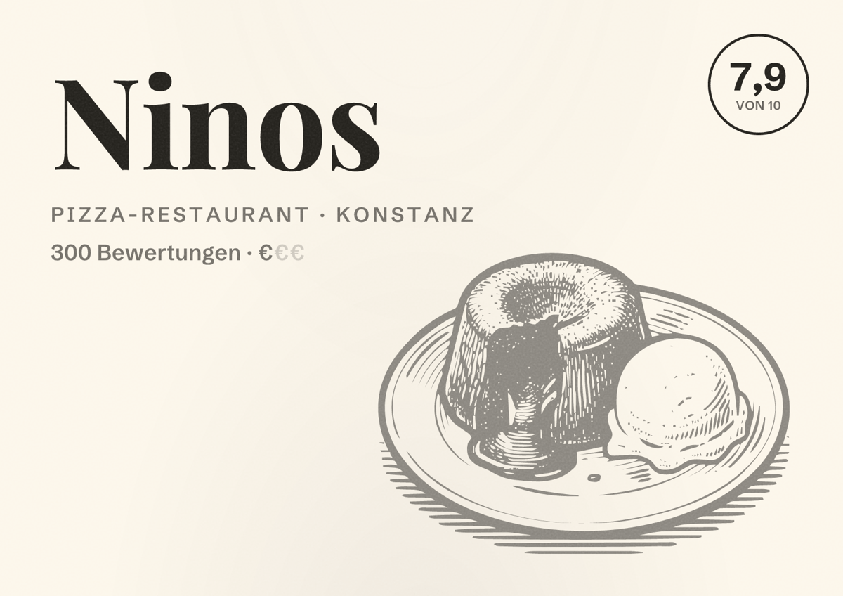 Illustriertes Poster von Ninos, Pizza-Restaurant in Konstanz: Bewertung 7,9 von 10 aus 300 Bewertungen, Preisniveau €