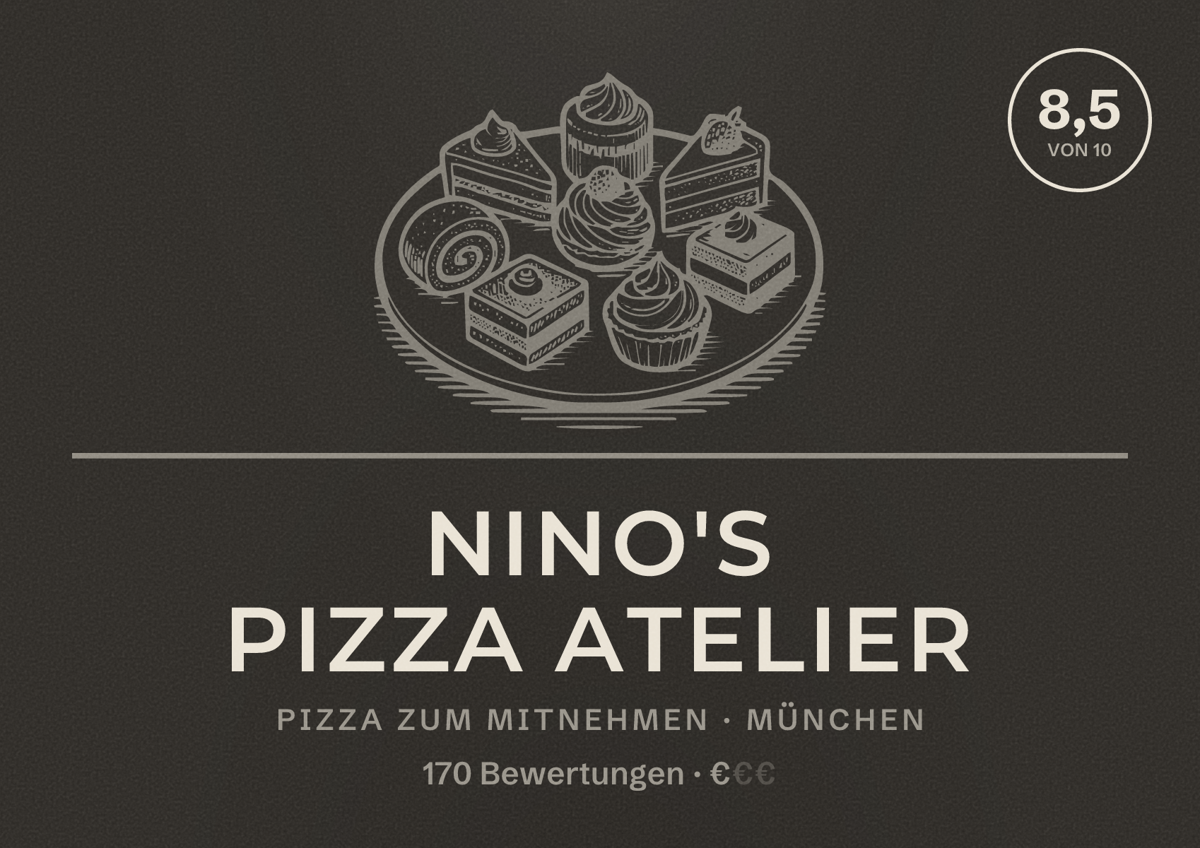 Illustriertes Poster von Nino's Pizza Atelier, Pizza zum Mitnehmen in München: Bewertung 8,5 von 10 aus 170 Bewertungen, Preisniveau €