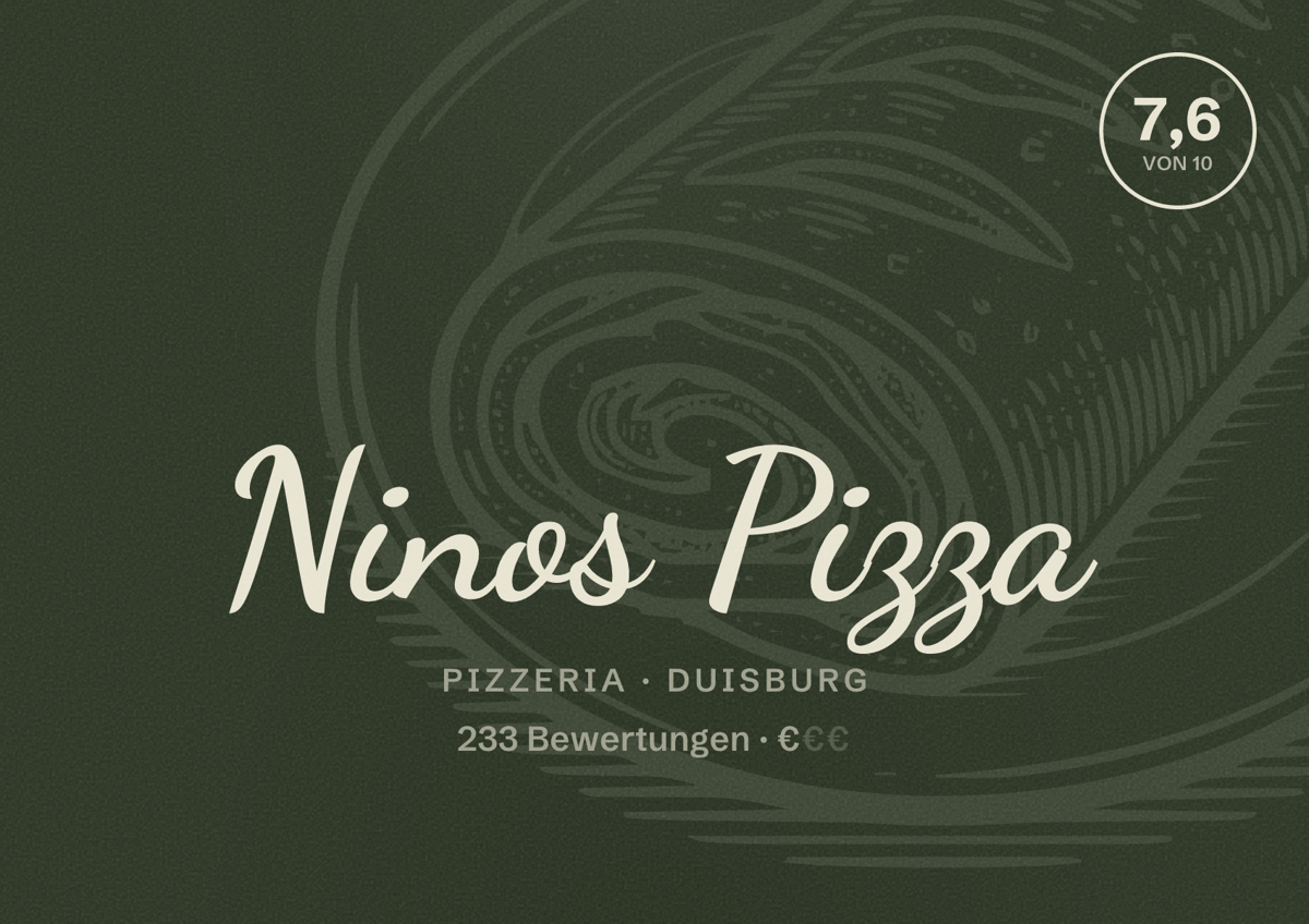 Illustriertes Poster von Ninos Pizza, Pizzeria in Duisburg: Bewertung 7,6 von 10 aus 233 Bewertungen, Preisniveau €
