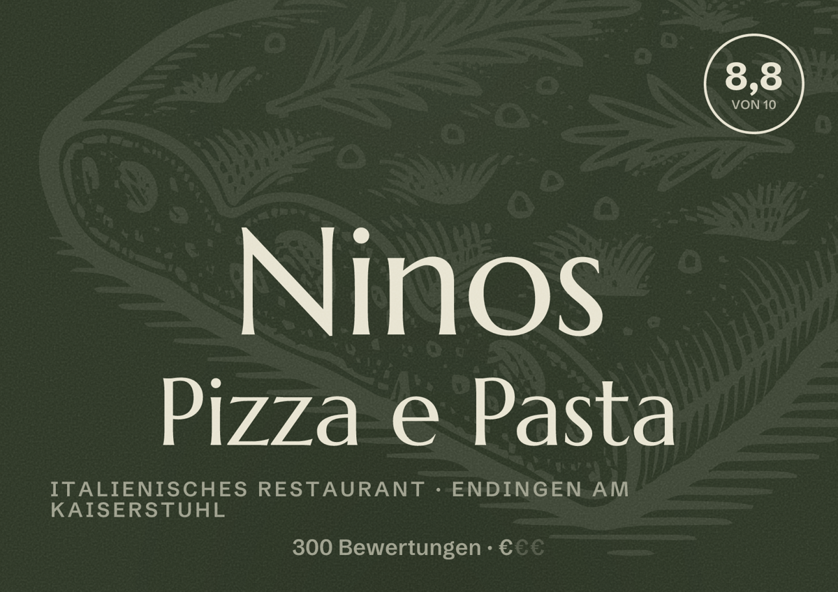 Illustriertes Poster von Ninos Pizza e Pasta, Italienisches Restaurant in Endingen am Kaiserstuhl: Bewertung 8,8 von 10 aus 300 Bewertungen, Preisniveau €