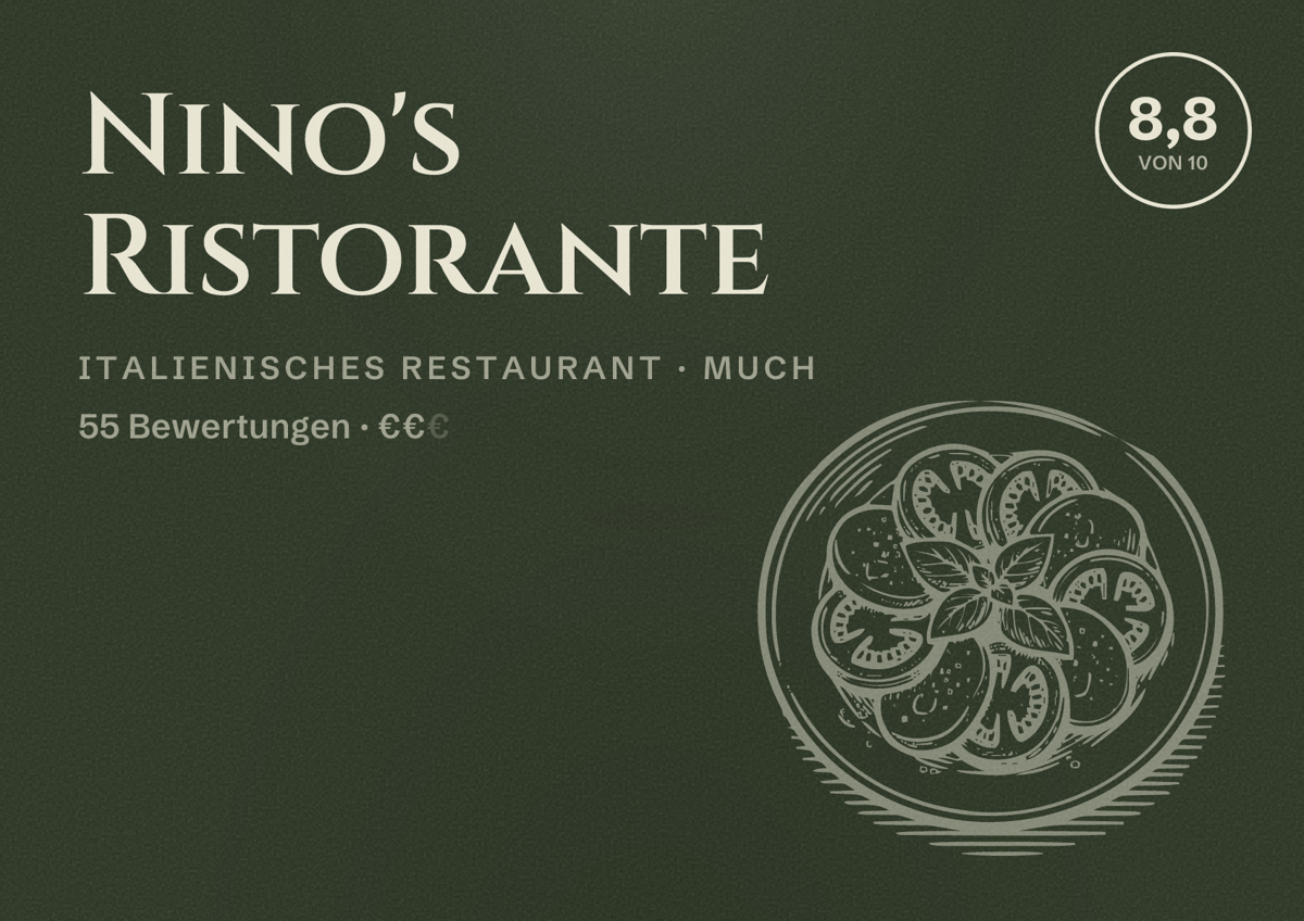 Illustriertes Poster von Nino's Ristorante, Italienisches Restaurant in Much: Bewertung 8,8 von 10 aus 55 Bewertungen, Preisniveau €€