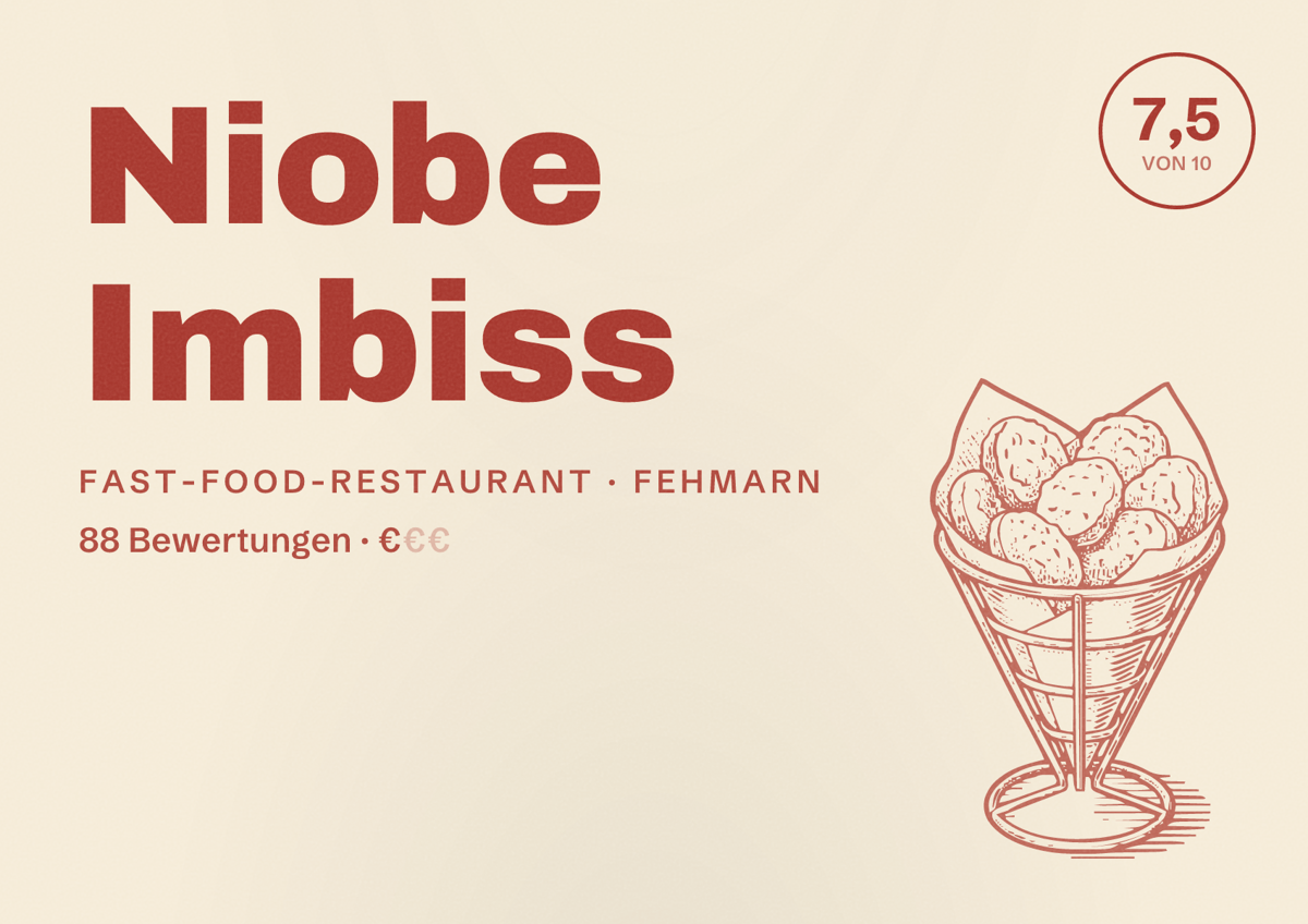 Illustriertes Poster von Niobe Imbiss, Fast-Food-Restaurant in Fehmarn: Bewertung 7,5 von 10 aus 88 Bewertungen, Preisniveau €