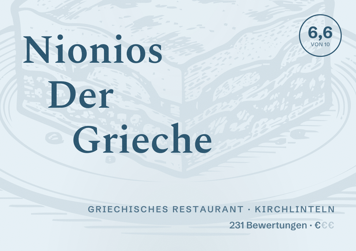 Illustriertes Poster von Nionios Der Grieche, Griechisches Restaurant in Kirchlinteln: Bewertung 6,6 von 10 aus 231 Bewertungen, Preisniveau €