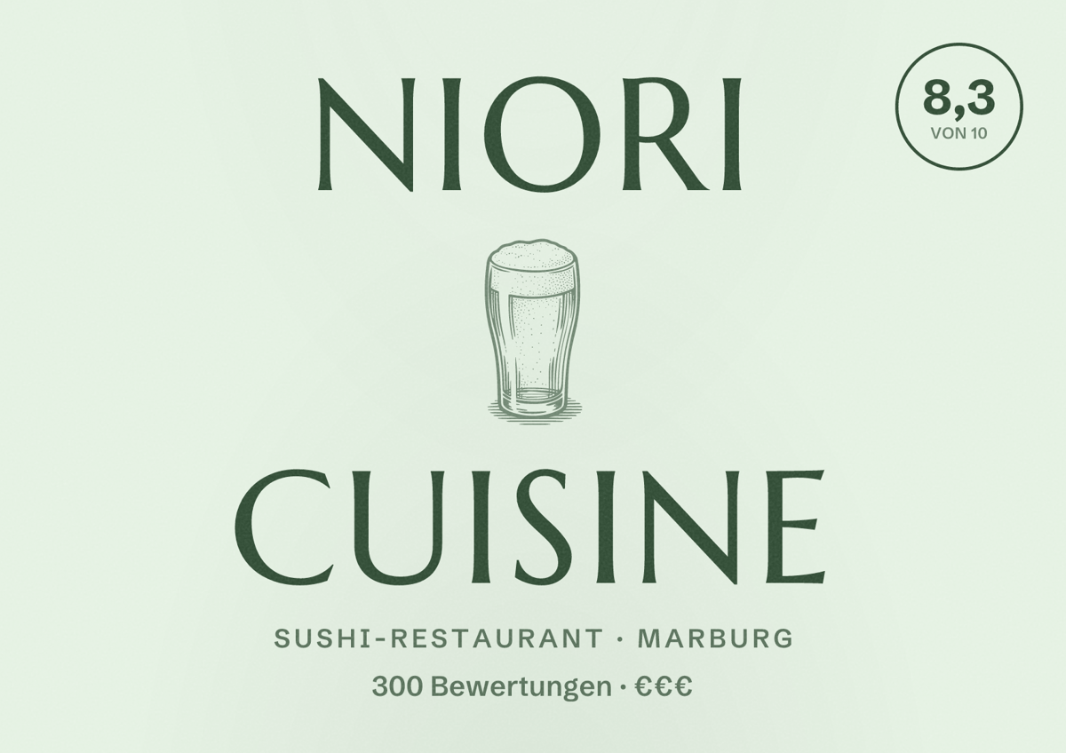 Illustriertes Poster von Niori Cuisine, Sushi-Restaurant in Marburg: Bewertung 8,3 von 10 aus 300 Bewertungen, Preisniveau €€€