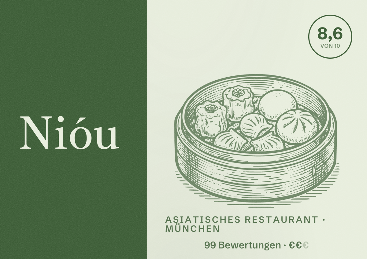 Illustriertes Poster von Nióu, Asiatisches Restaurant in München: Bewertung 8,6 von 10 aus 99 Bewertungen, Preisniveau €€