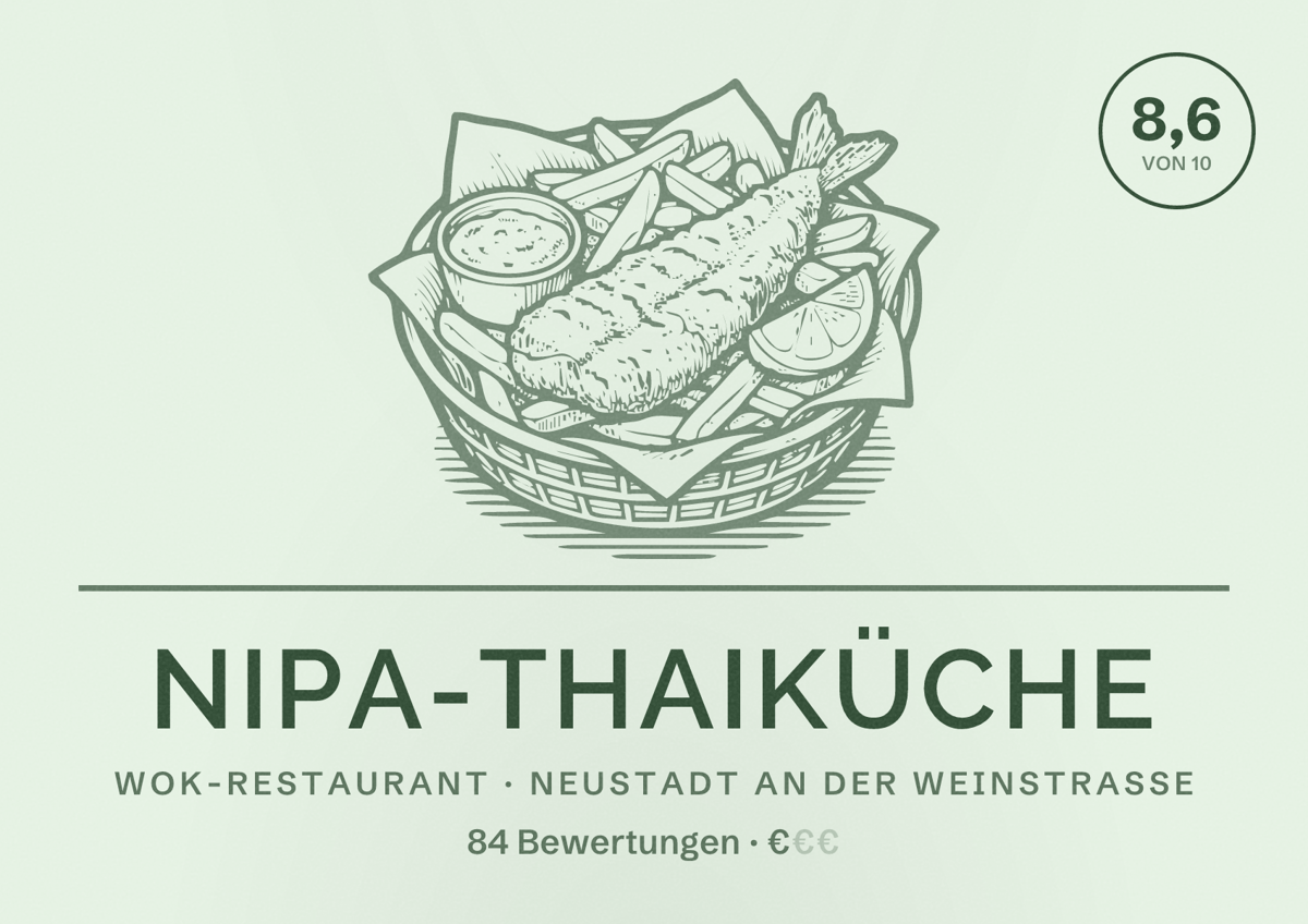 Illustriertes Poster von Nipa-Thaiküche, Wok-Restaurant in Neustadt an der Weinstraße: Bewertung 8,6 von 10 aus 84 Bewertungen, Preisniveau €