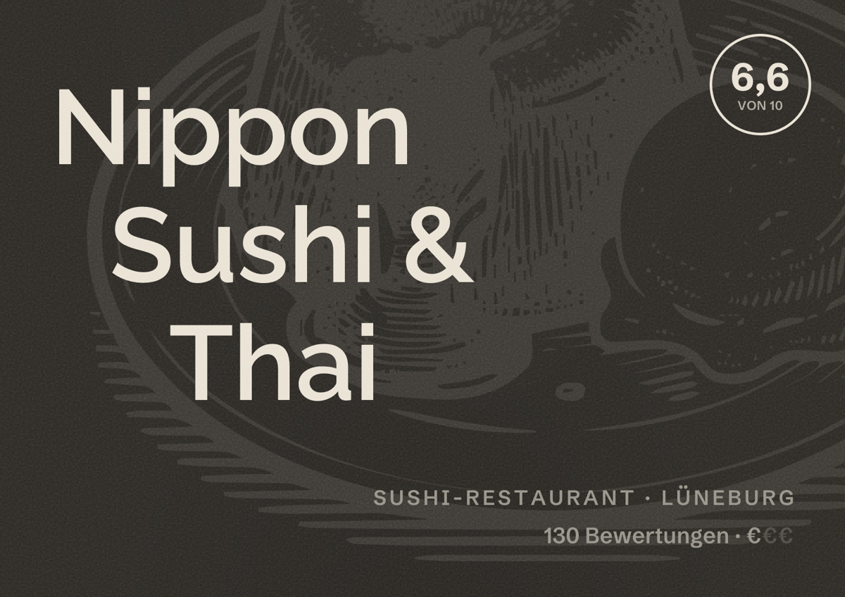 Illustriertes Poster von Nippon Sushi & Thai, Sushi-Restaurant in Lüneburg: Bewertung 6,6 von 10 aus 130 Bewertungen, Preisniveau €