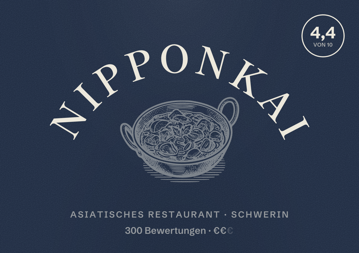 Illustriertes Poster von Nipponkai, Asiatisches Restaurant in Schwerin: Bewertung 4,4 von 10 aus 300 Bewertungen, Preisniveau €€