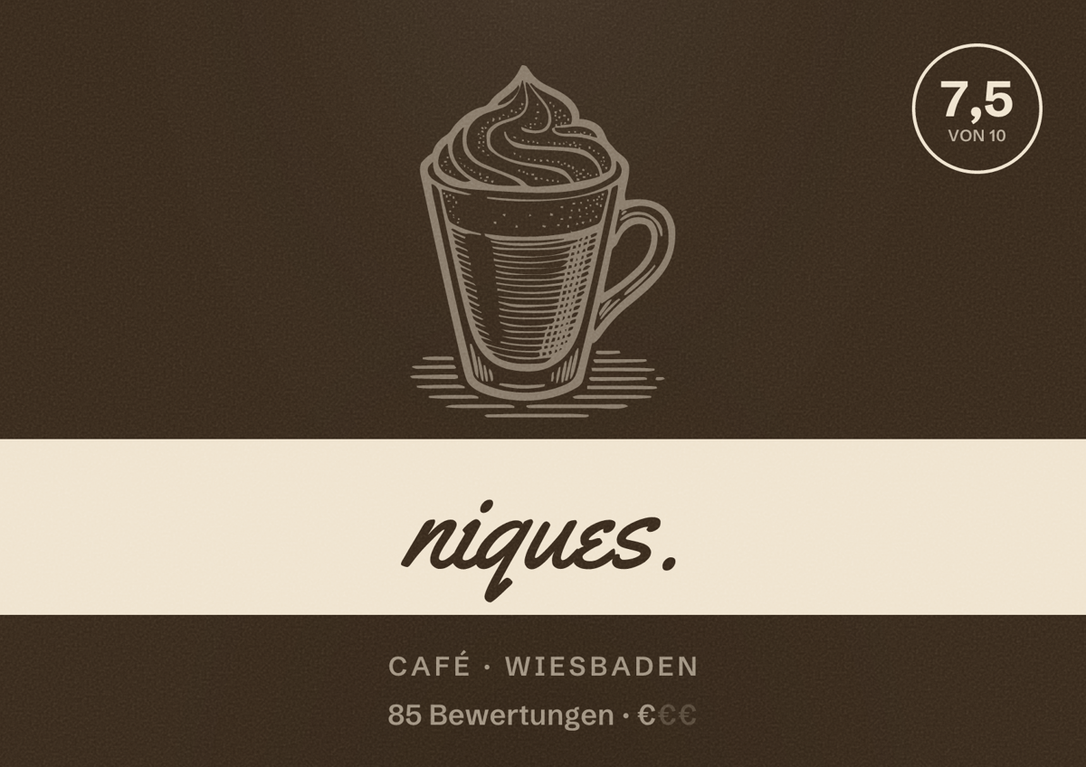 Illustriertes Poster von niques., Café in Wiesbaden: Bewertung 7,5 von 10 aus 85 Bewertungen, Preisniveau €