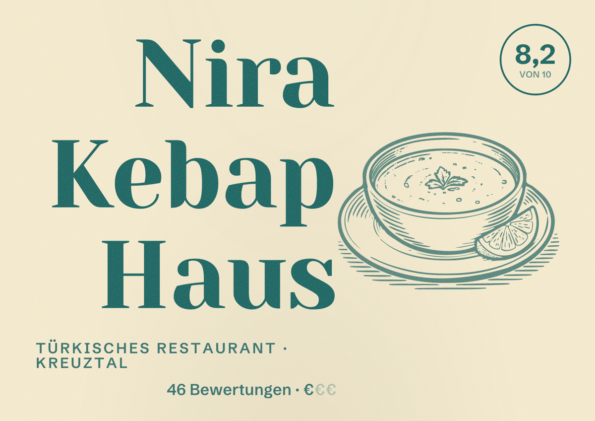 Illustriertes Poster von Nira Kebap Haus, Türkisches Restaurant in Kreuztal: Bewertung 8,2 von 10 aus 46 Bewertungen, Preisniveau €