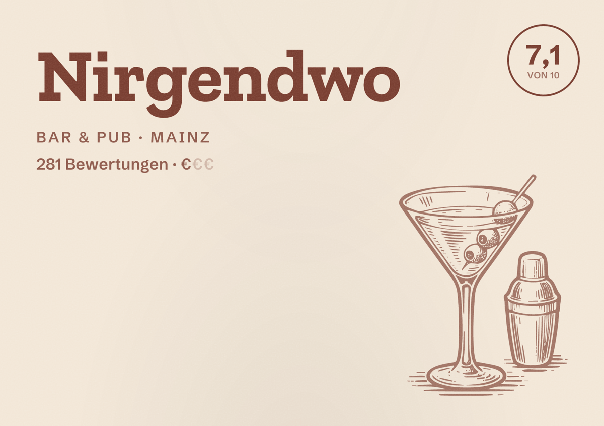 Illustriertes Poster von Nirgendwo, Bar & Pub in Mainz: Bewertung 7,1 von 10 aus 281 Bewertungen, Preisniveau €
