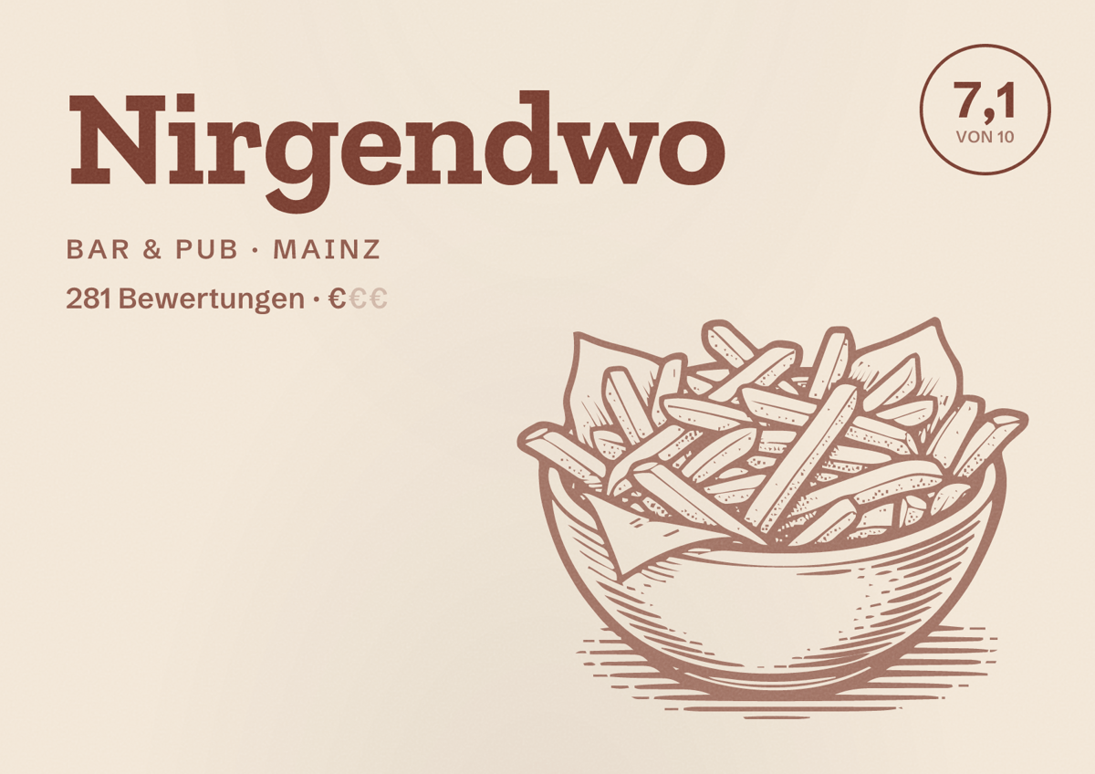 Illustriertes Poster von Nirgendwo, Bar & Pub in Mainz: Bewertung 7,1 von 10 aus 281 Bewertungen, Preisniveau €