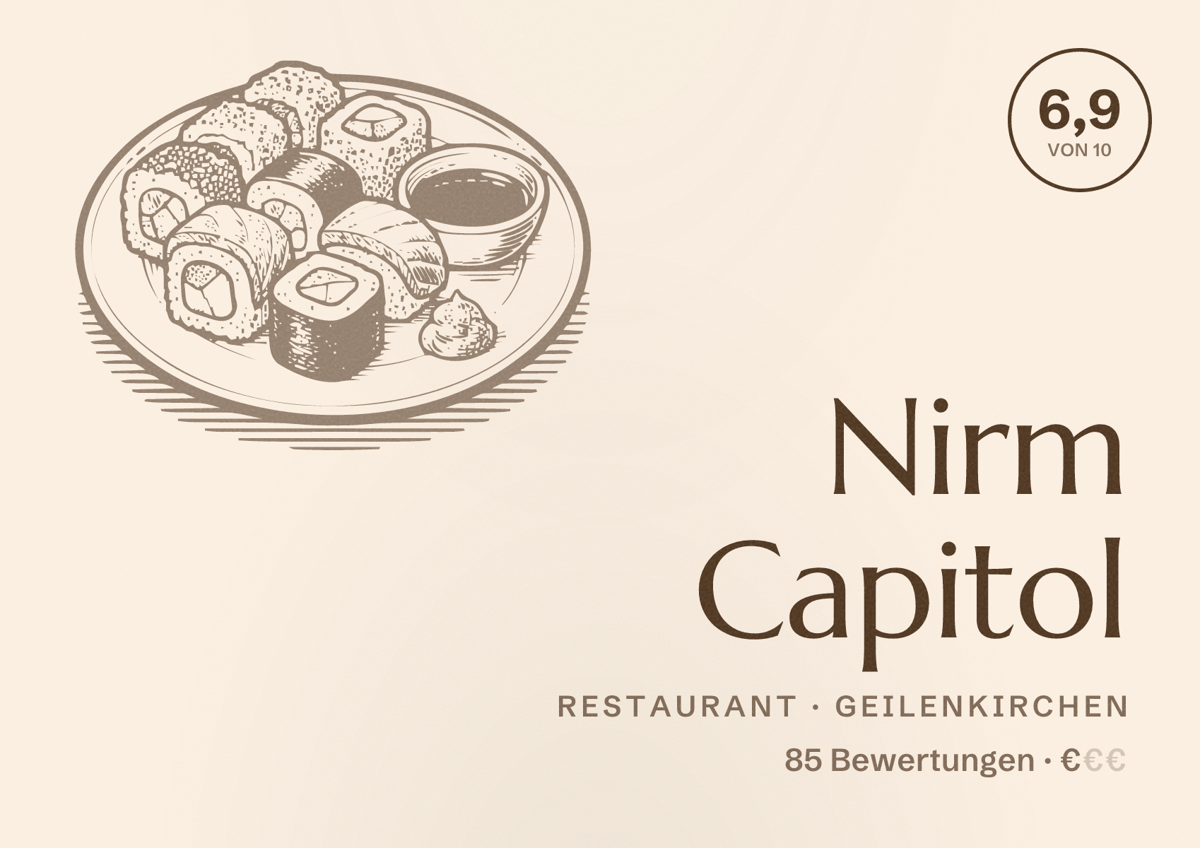 Illustriertes Poster von Nirm Capitol, Restaurant in Geilenkirchen: Bewertung 6,9 von 10 aus 85 Bewertungen, Preisniveau €