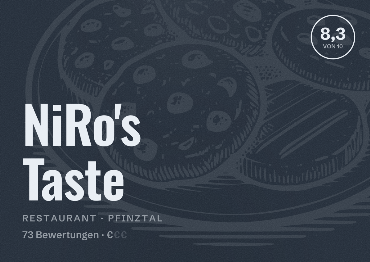 Illustriertes Poster von NiRo's Taste, Restaurant in Pfinztal: Bewertung 8,3 von 10 aus 73 Bewertungen, Preisniveau €