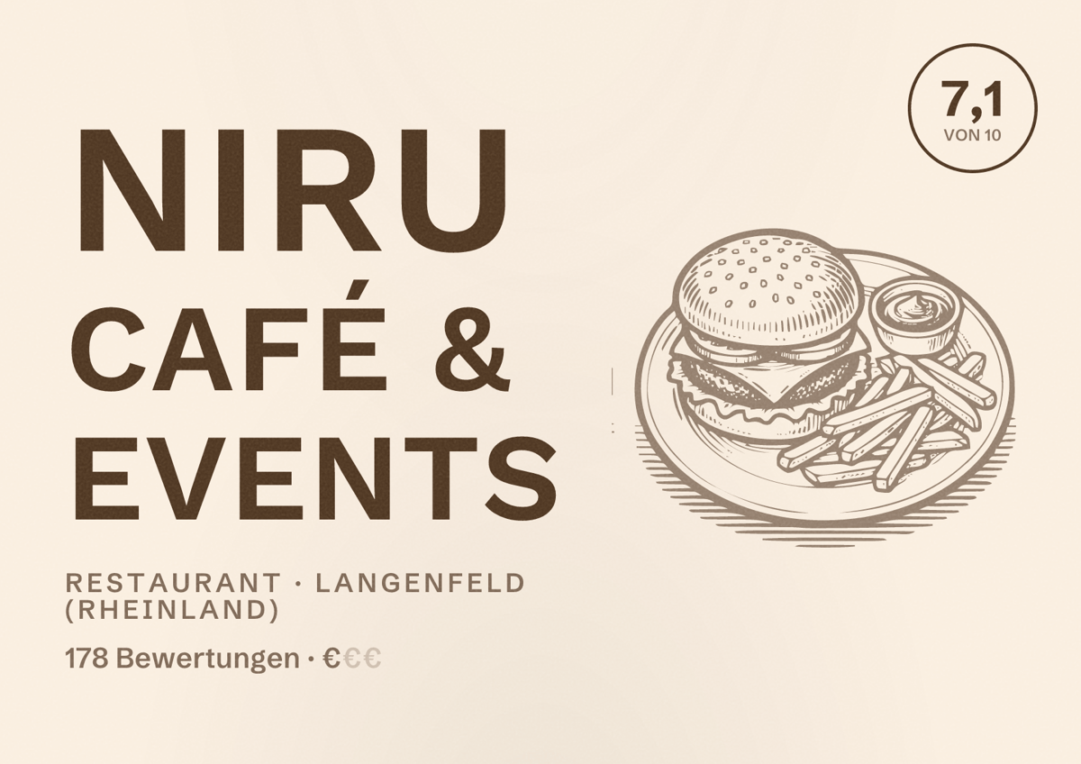 Illustriertes Poster von NIRU Café & Events, Restaurant in Langenfeld (Rheinland): Bewertung 7,1 von 10 aus 178 Bewertungen, Preisniveau €