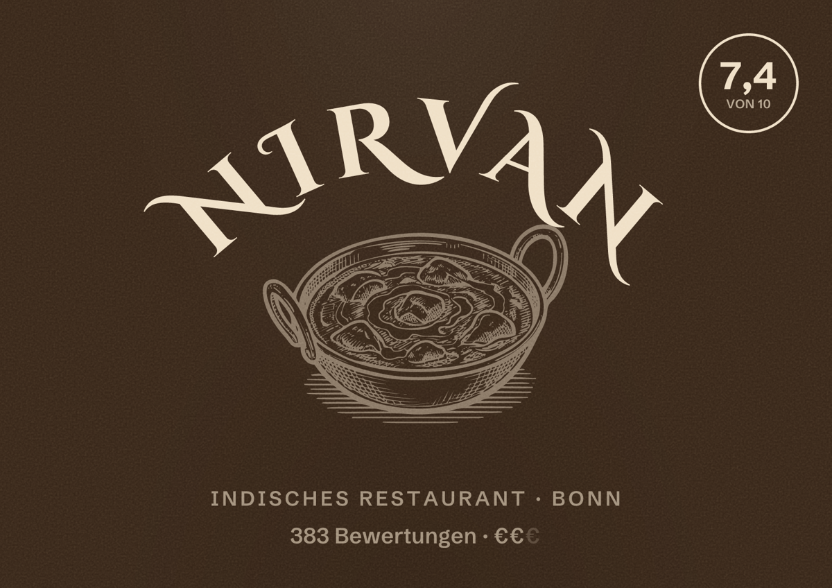 Illustriertes Poster von Nirvan, Indisches Restaurant in Bonn: Bewertung 7,4 von 10 aus 383 Bewertungen, Preisniveau €€