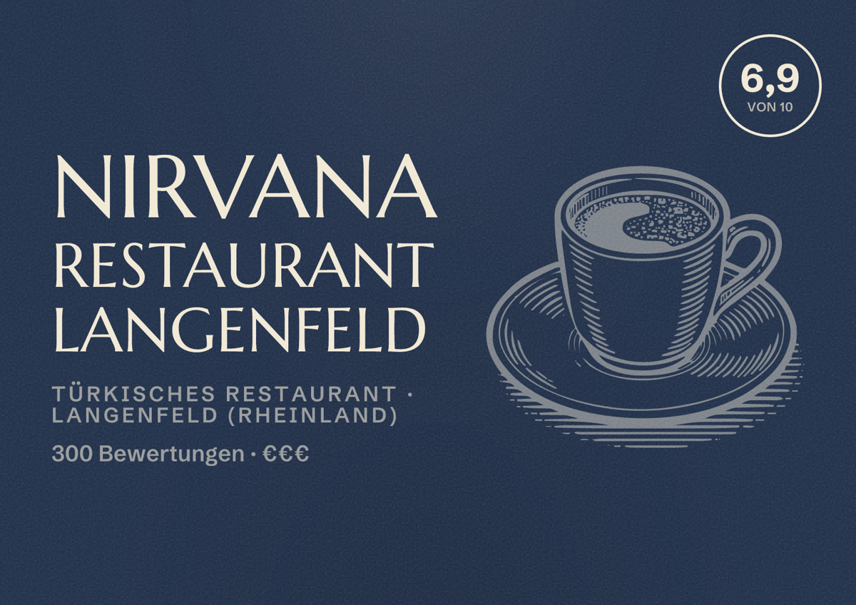 Illustriertes Poster von Nirvana Restaurant Langenfeld, Türkisches Restaurant in Langenfeld (Rheinland): Bewertung 6,9 von 10 aus 300 Bewertungen, Preisniveau €€€
