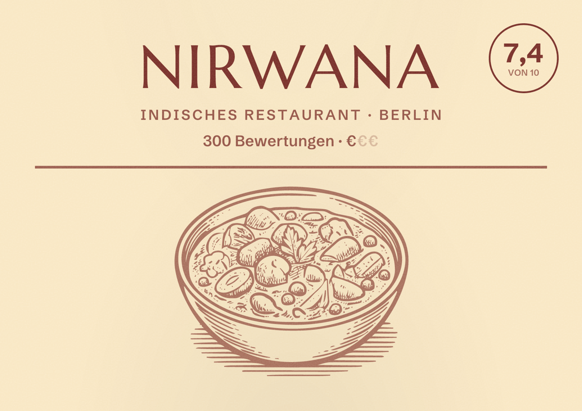 Illustriertes Poster von Nirwana, Indisches Restaurant in Berlin: Bewertung 7,4 von 10 aus 300 Bewertungen, Preisniveau €