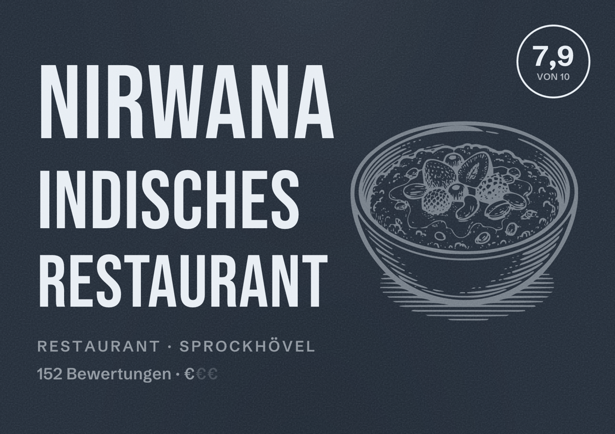 Illustriertes Poster von Nirwana Indisches Restaurant, Restaurant in Sprockhövel: Bewertung 7,9 von 10 aus 152 Bewertungen, Preisniveau €