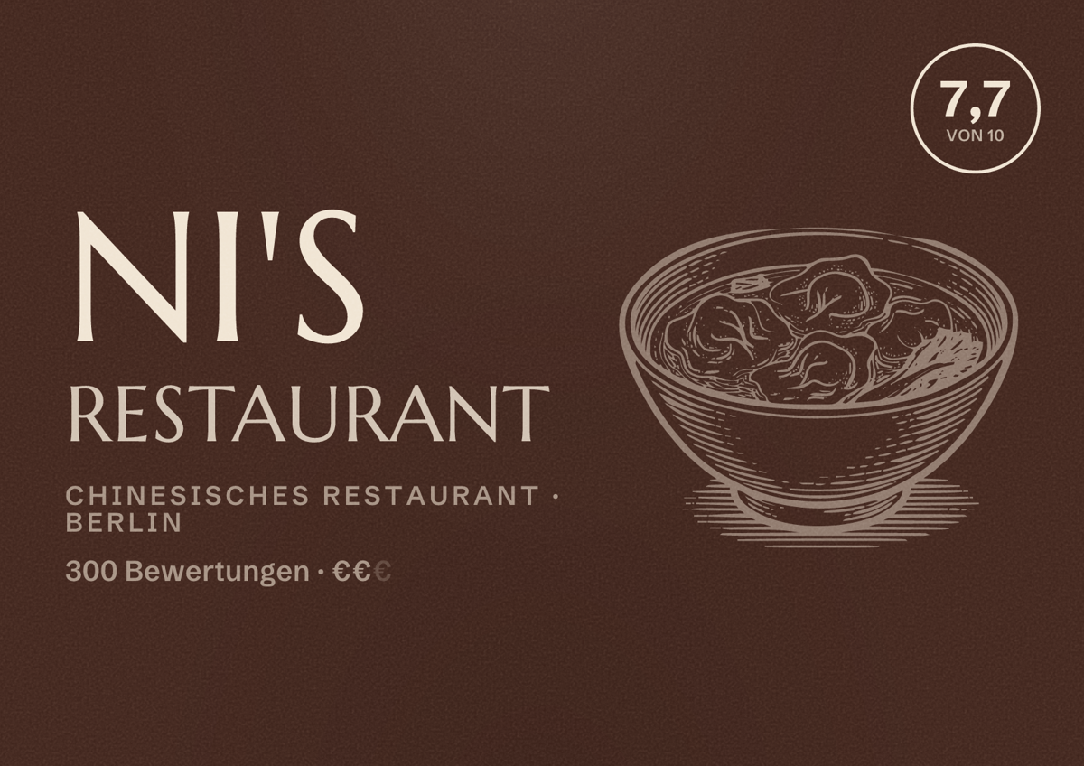 Illustriertes Poster von Ni's Restaurant, Chinesisches Restaurant in Berlin: Bewertung 7,7 von 10 aus 300 Bewertungen, Preisniveau €€