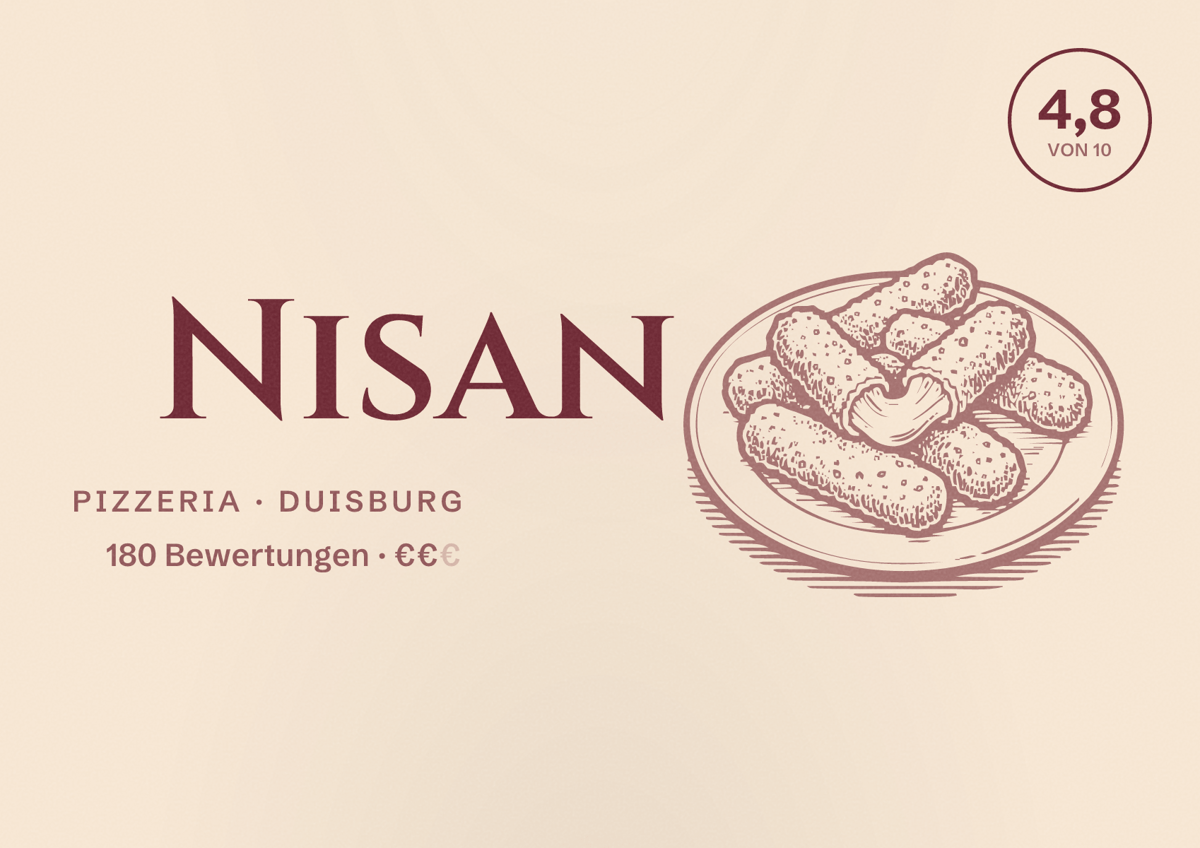 Illustriertes Poster von Nisan, Pizzeria in Duisburg: Bewertung 4,8 von 10 aus 180 Bewertungen, Preisniveau €€