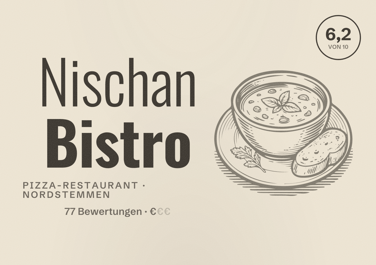 Illustriertes Poster von Nischan Bistro, Pizza-Restaurant in Nordstemmen: Bewertung 6,2 von 10 aus 77 Bewertungen, Preisniveau €