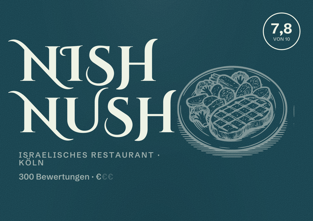 Illustriertes Poster von Nish Nush, Israelisches Restaurant in Köln: Bewertung 7,8 von 10 aus 300 Bewertungen, Preisniveau €