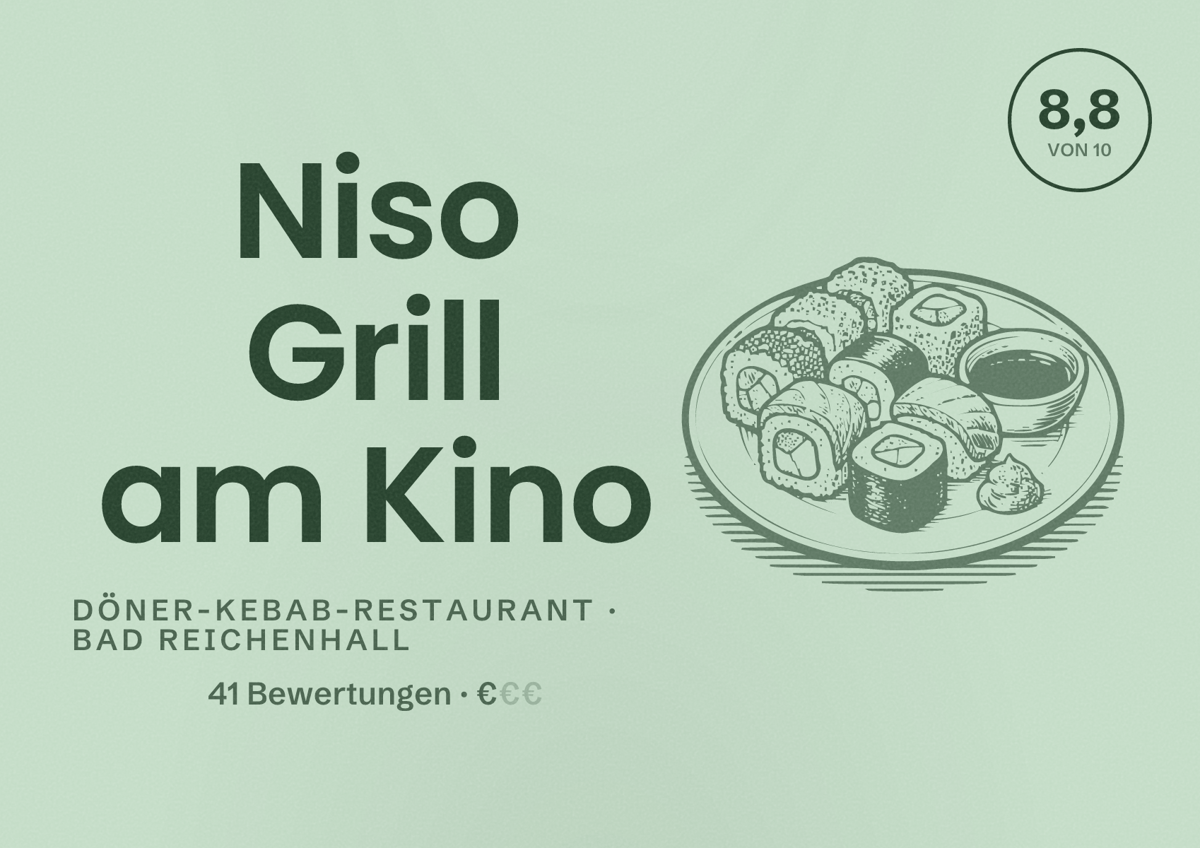 Illustriertes Poster von Niso Grill am Kino, Döner-Kebab-Restaurant in Bad Reichenhall: Bewertung 8,8 von 10 aus 41 Bewertungen, Preisniveau €