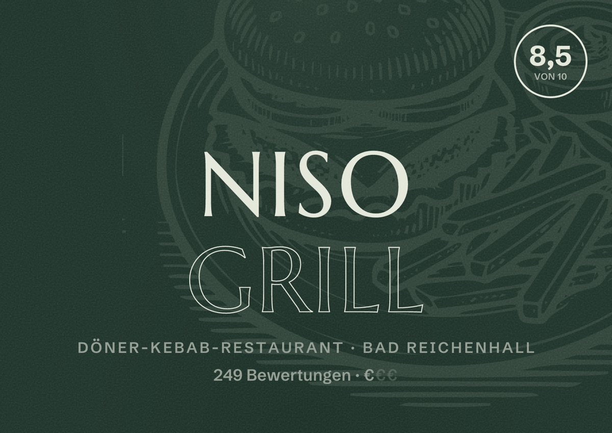 Illustriertes Poster von Niso Grill, Döner-Kebab-Restaurant in Bad Reichenhall: Bewertung 8,5 von 10 aus 249 Bewertungen, Preisniveau €