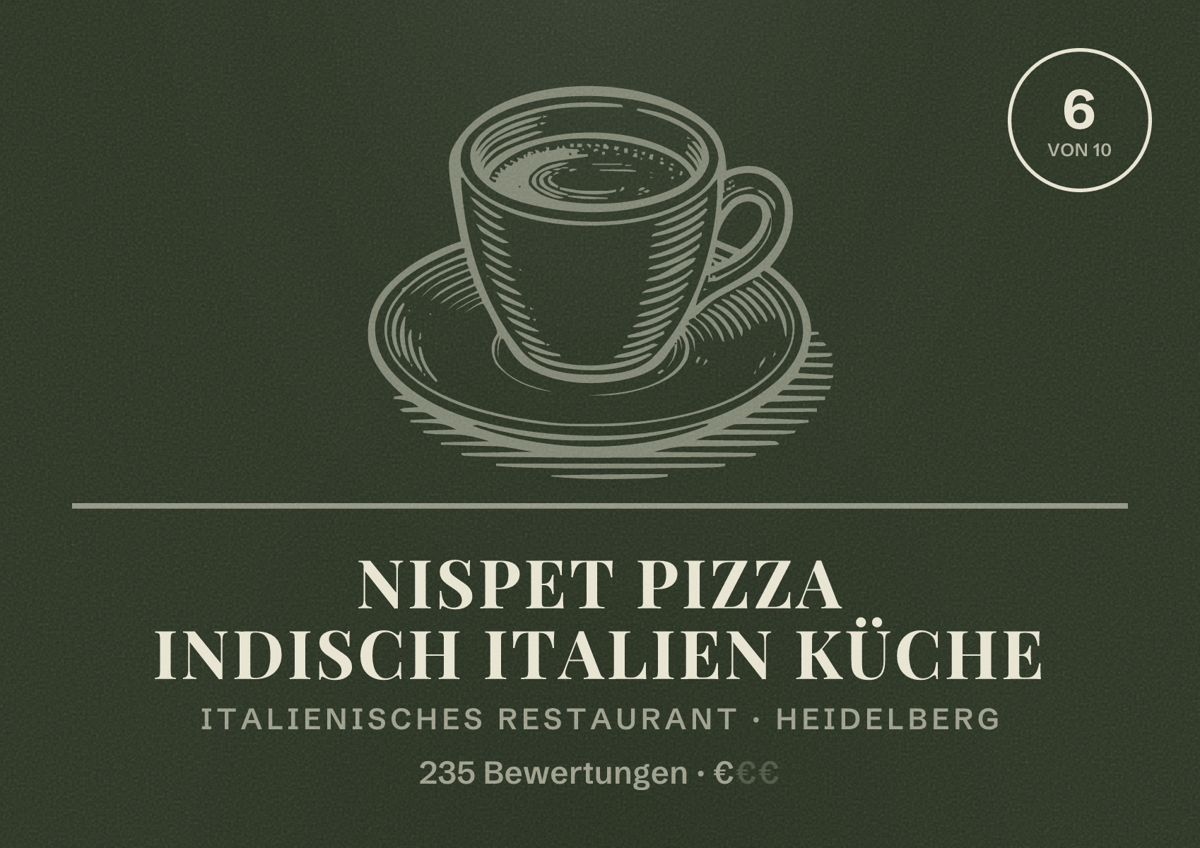 Illustriertes Poster von Nispet Pizza Indisch Italien Küche, Italienisches Restaurant in Heidelberg: Bewertung 6 von 10 aus 235 Bewertungen, Preisniveau €