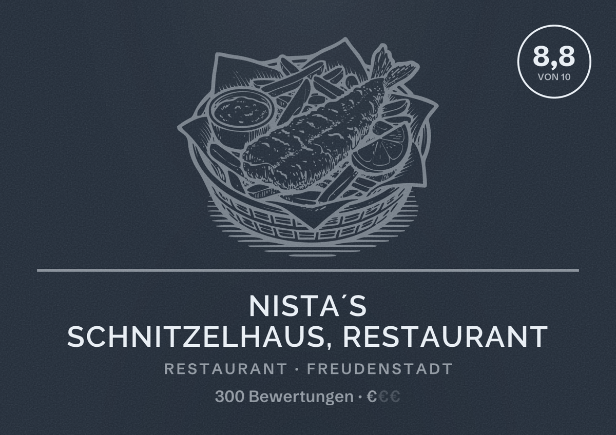 Illustriertes Poster von Nista´s Schnitzelhaus, Restaurant, Restaurant in Freudenstadt: Bewertung 8,8 von 10 aus 300 Bewertungen, Preisniveau €