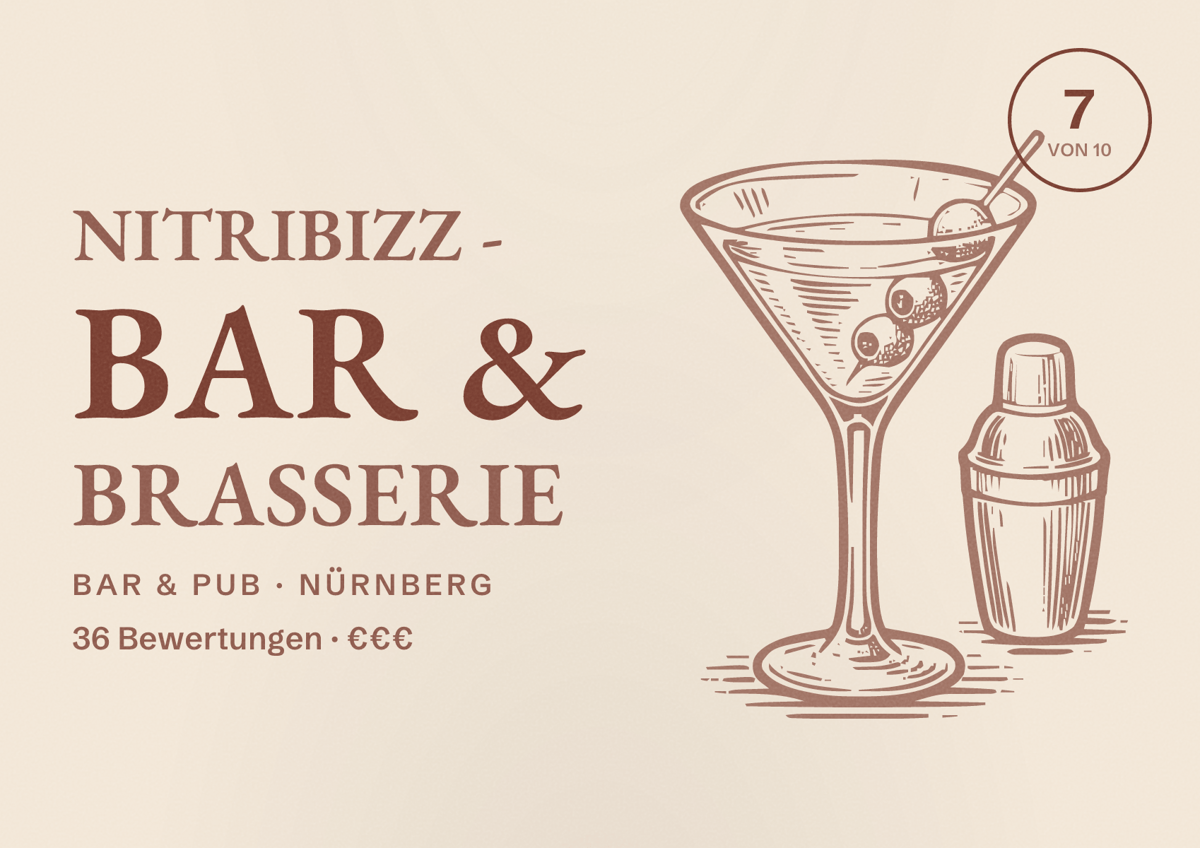 Illustriertes Poster von NitriBizz - Bar & Brasserie, Bar & Pub in Nürnberg: Bewertung 7 von 10 aus 36 Bewertungen, Preisniveau €€€