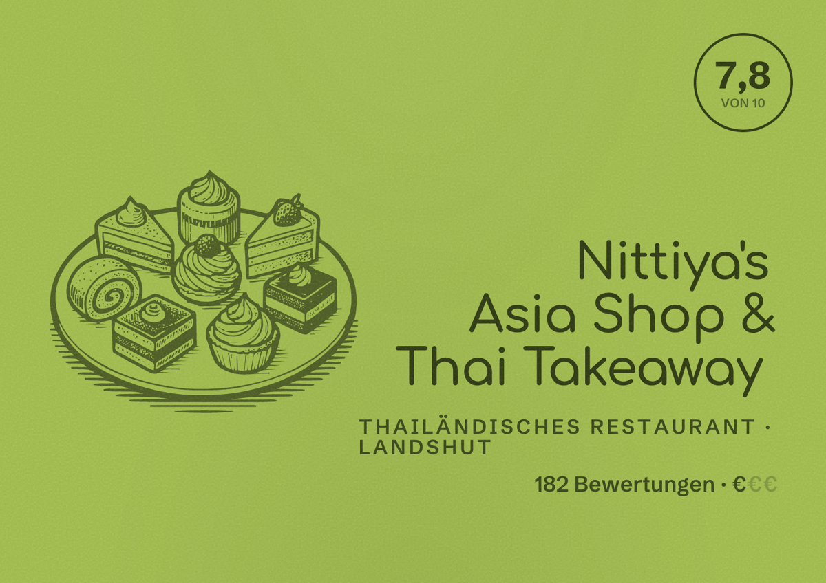 Illustriertes Poster von Nittiya's Asia Shop & Thai Takeaway, Thailändisches Restaurant in Landshut: Bewertung 7,8 von 10 aus 182 Bewertungen, Preisniveau €