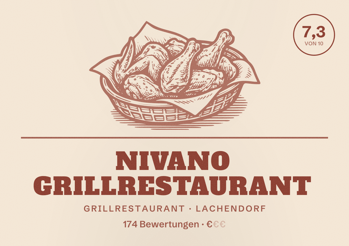 Illustriertes Poster von NIVANO Grillrestaurant, Grillrestaurant in Lachendorf: Bewertung 7,3 von 10 aus 174 Bewertungen, Preisniveau €