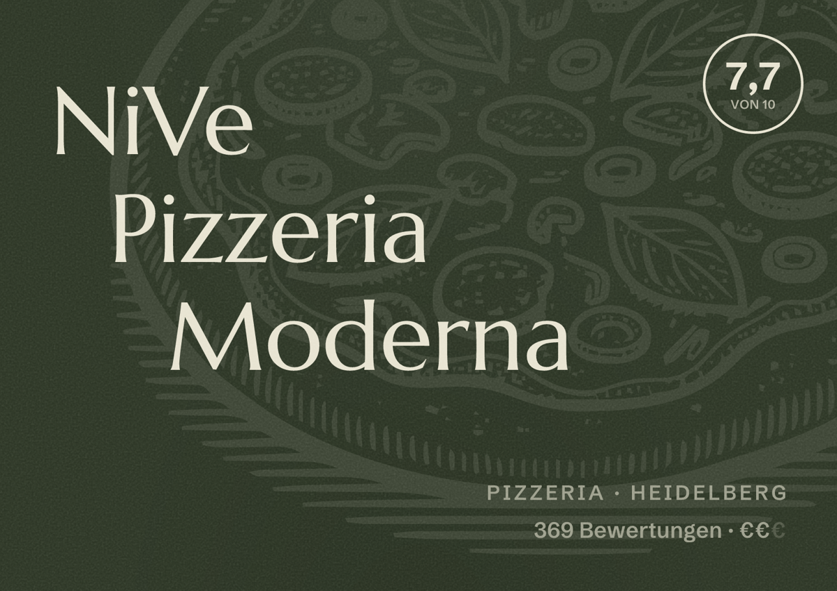 Illustriertes Poster von NiVe Pizzeria Moderna, Pizzeria in Heidelberg: Bewertung 7,7 von 10 aus 369 Bewertungen, Preisniveau €€