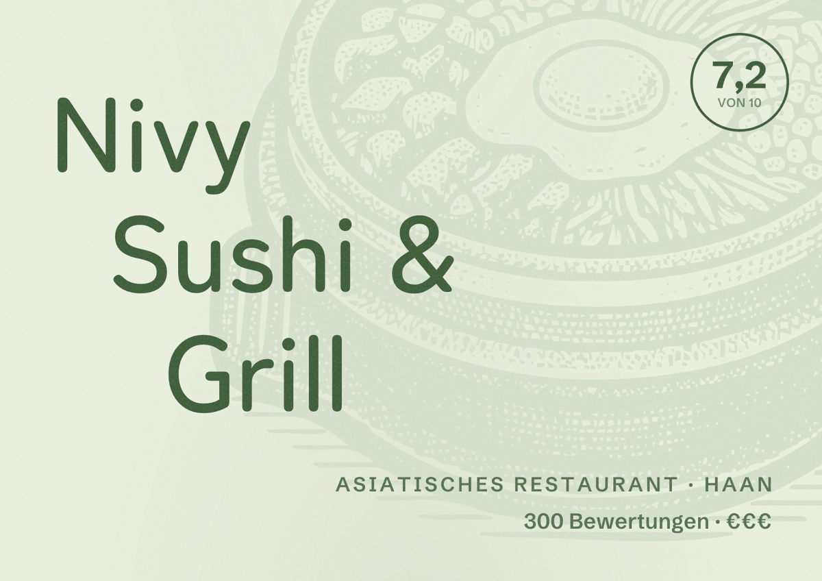 Illustriertes Poster von Nivy Sushi & Grill, Asiatisches Restaurant in Haan: Bewertung 7,2 von 10 aus 300 Bewertungen, Preisniveau €€€