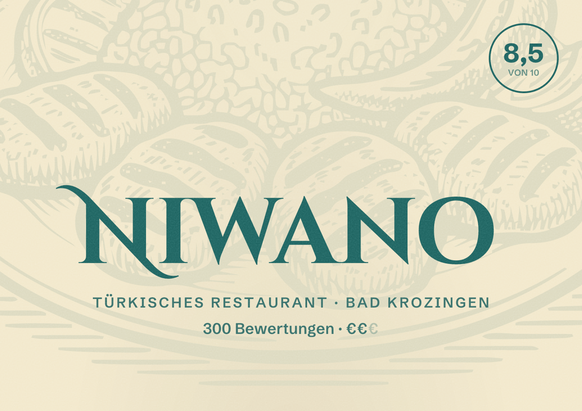 Illustriertes Poster von Niwano, Türkisches Restaurant in Bad Krozingen: Bewertung 8,5 von 10 aus 300 Bewertungen, Preisniveau €€